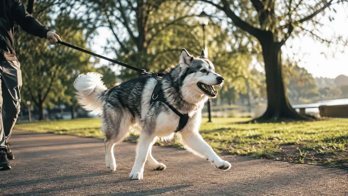 Large dog pulling on a leash during a walk in the park