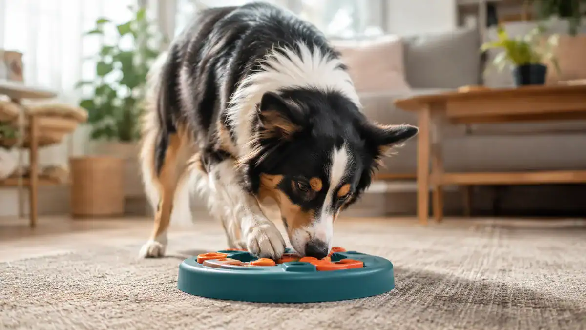Dog nose-deep in a puzzle feeder toy on the floor