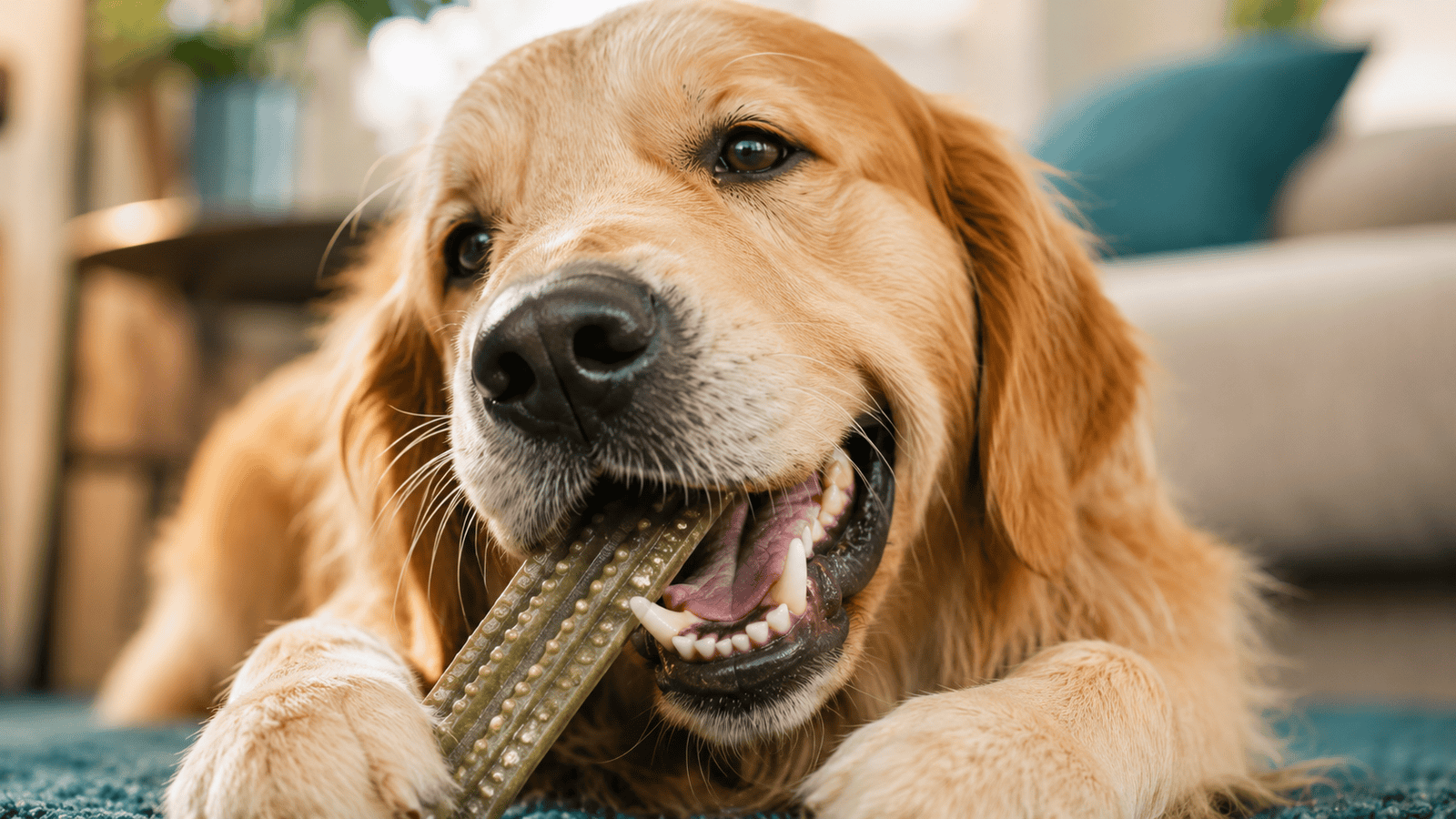 Dog happily chewing on a dental chew treat, close-up view