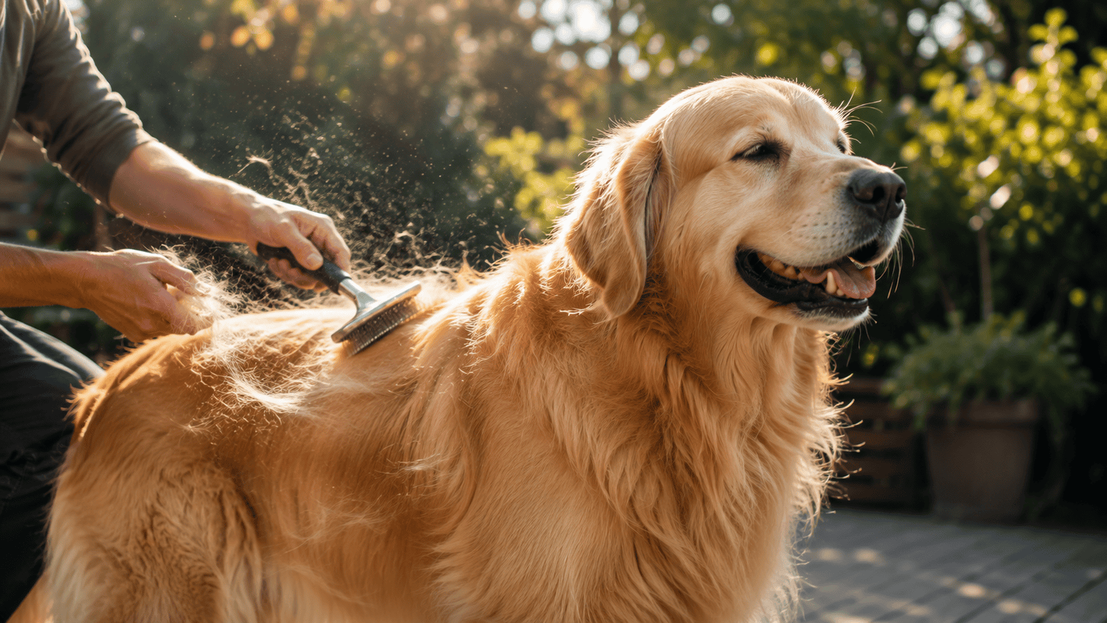 Golden Retriever being brushed outdoors with loose fur visible in the air