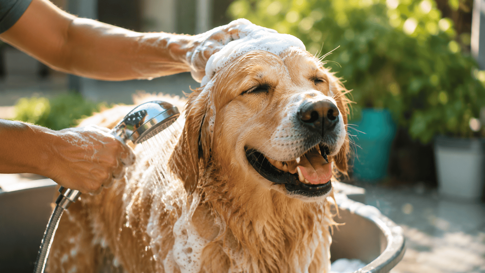 Dog getting a gentle bath outdoors with soap suds and a relaxed expression