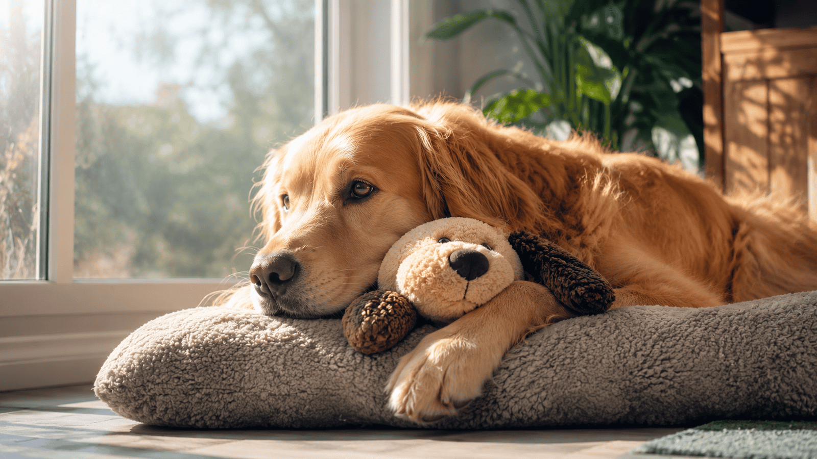 Dog resting calmly with a stuffed toy near a sunlit window