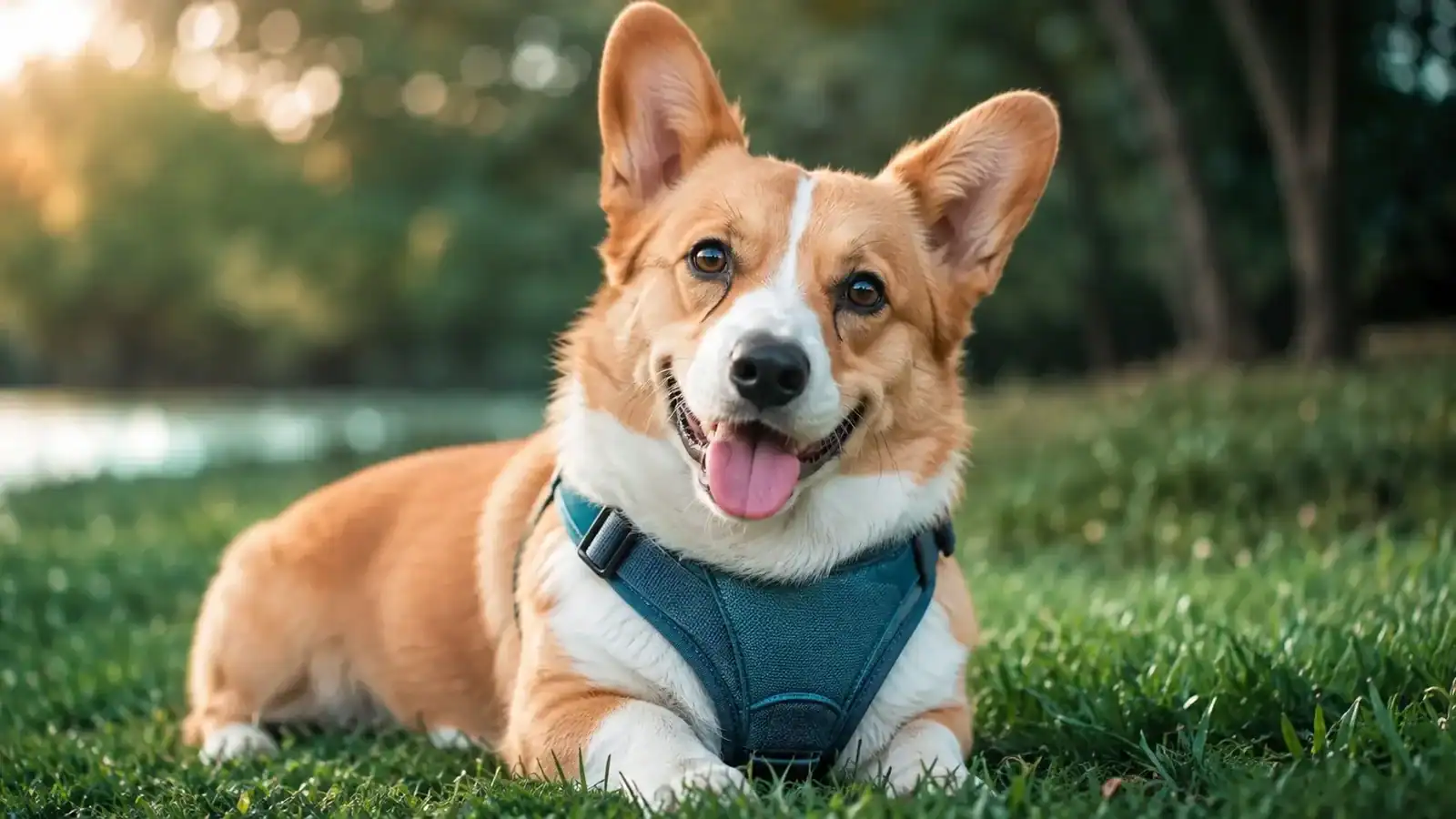 Small Corgi dog wearing a well-fitted harness sitting outdoors on grass