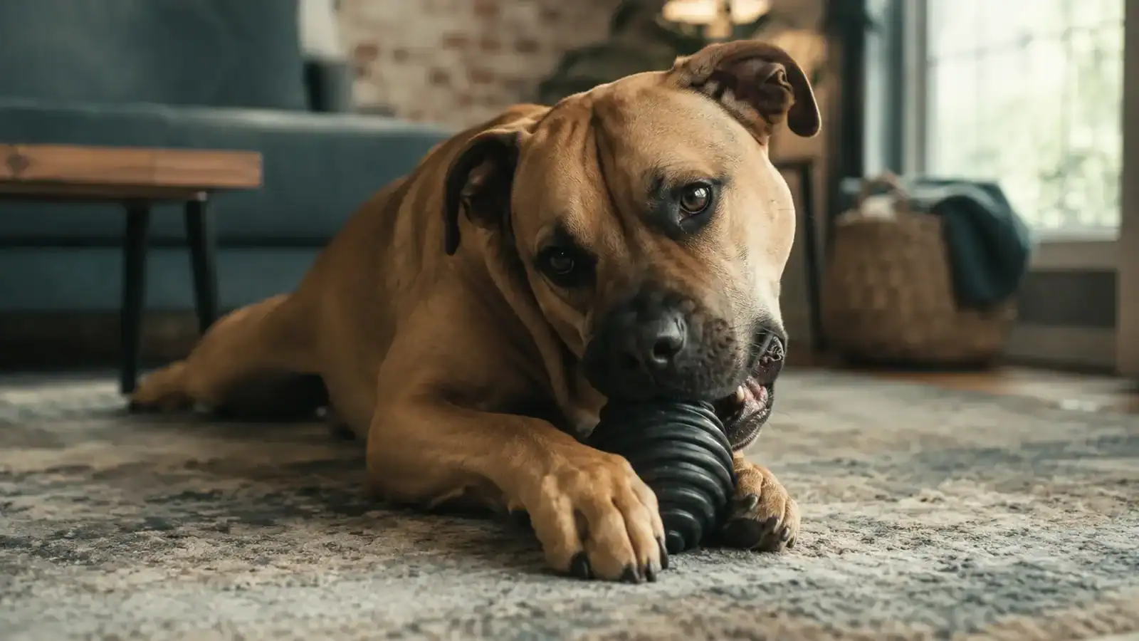 Large dog chewing on a durable rubber chew toy indoors