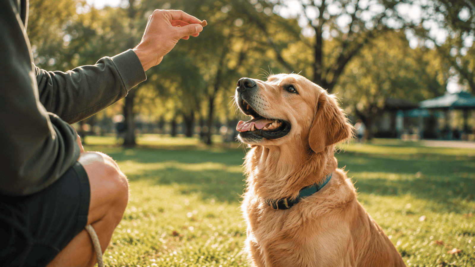 Dog sitting attentively during a training session as owner holds a small treat