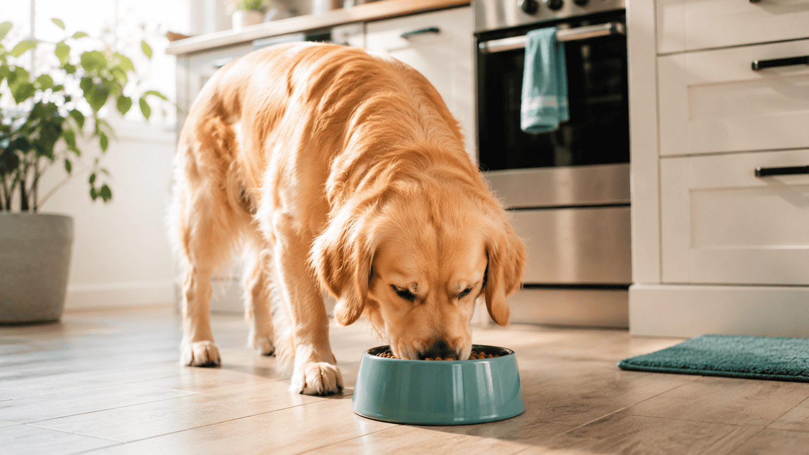 Dog eating from a food bowl in a bright kitchen