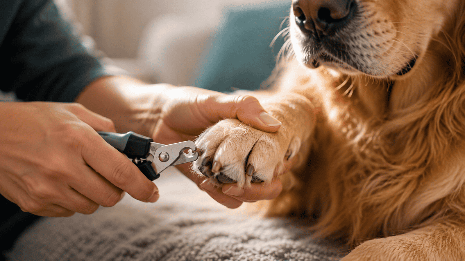 Close-up of a dog's paw being gently held during a nail trimming session