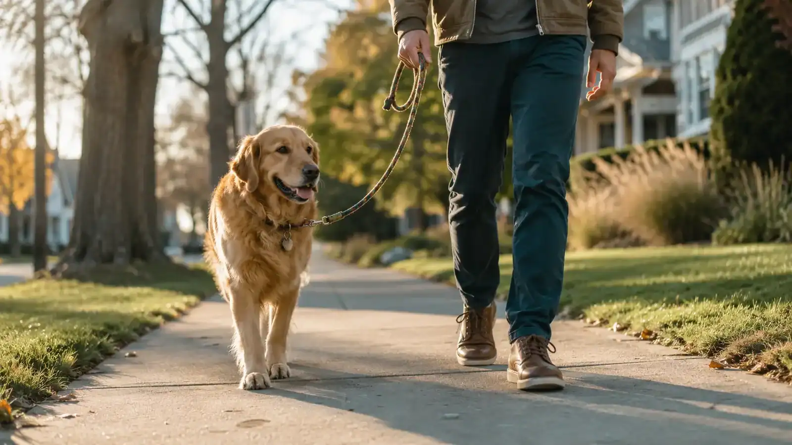 Dog walking calmly on a leash with owner on a suburban sidewalk